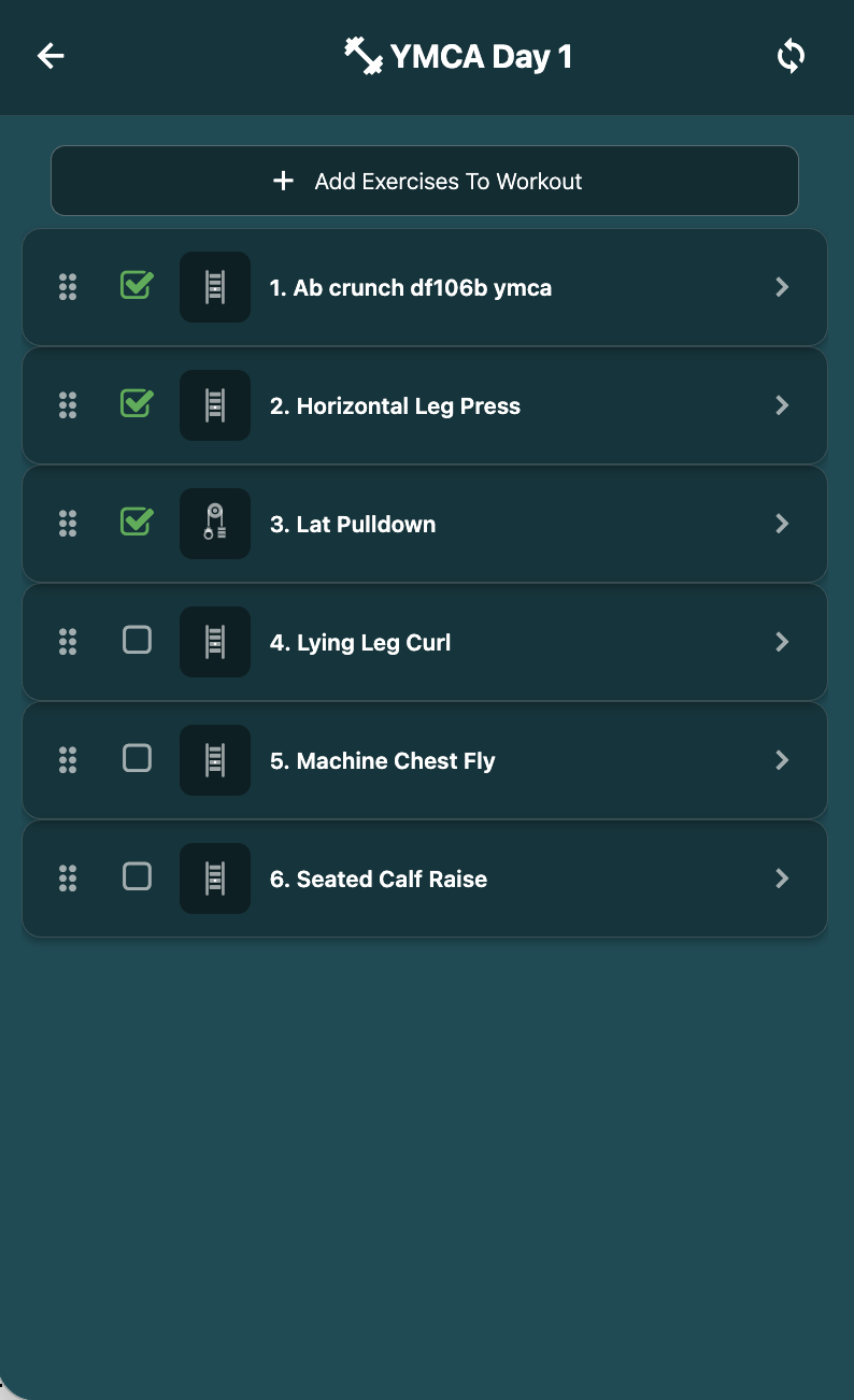 Workout exercise list showing ordered lifts