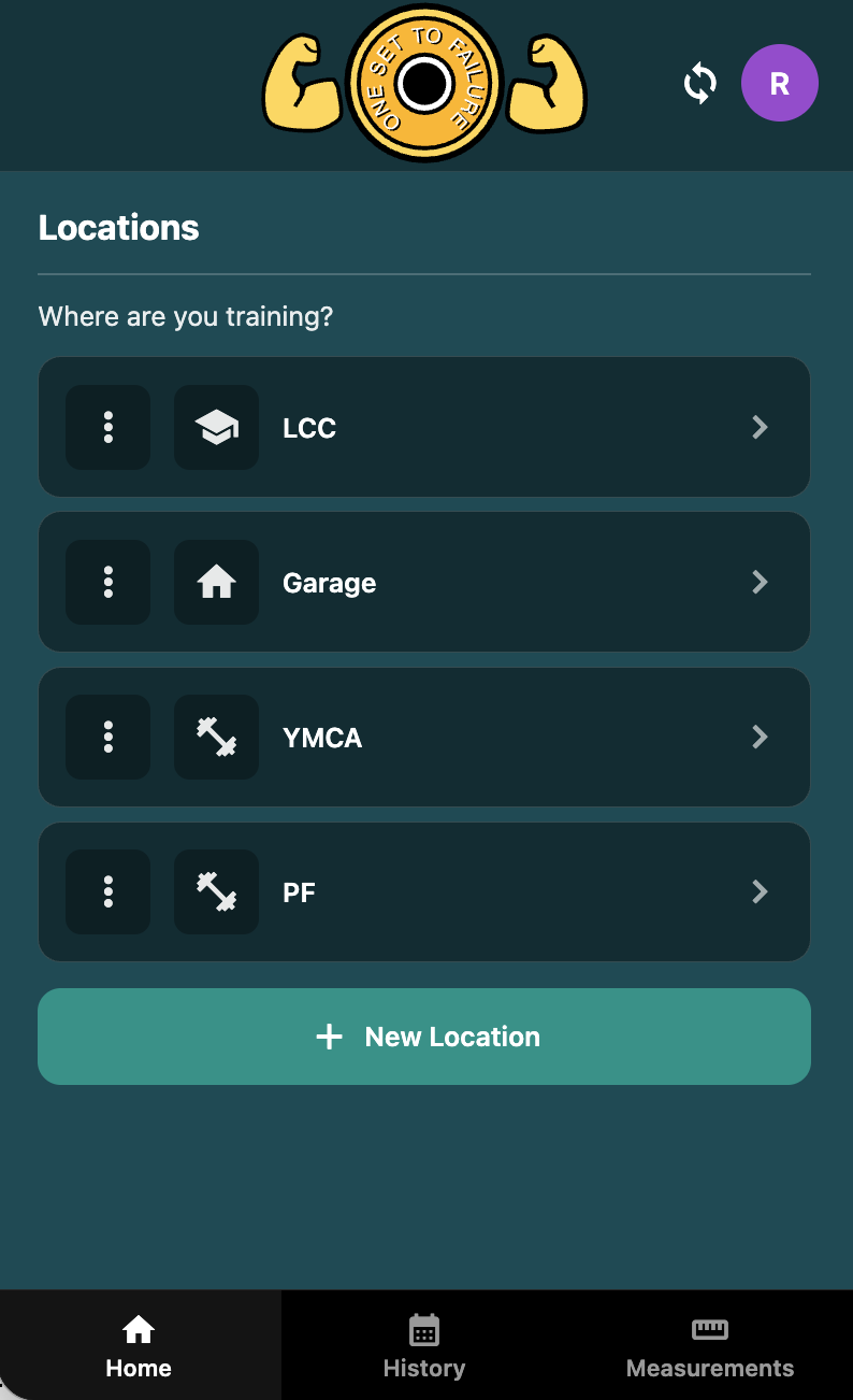 Locations list in the app: Home Gym, Commercial Gym, and other saved sites